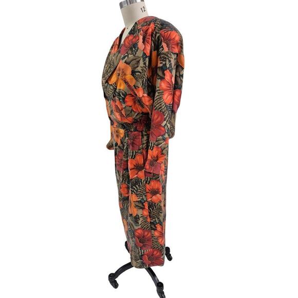 Vintage 80s Rafaella 100% Silk Hawaiian Floral 2PC Skirt Suit Orange Sz M NWOT - Picture 2 of 6